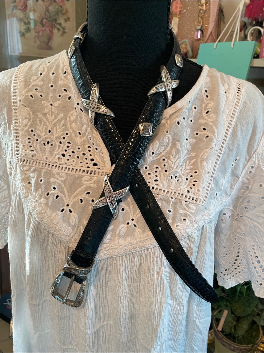 BlackVintage Brighton Croc-Embossed Leather Western Belt with Silver Buckle